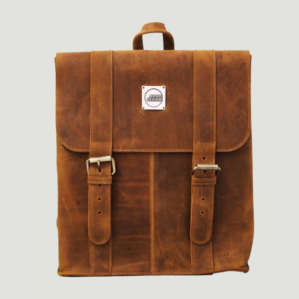 Good Design® Waxed Light Brown Leather Backpack with Metal Signature